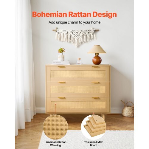 Modern rattan dresser with three drawers, metal handles, wooden legs, ideal for bedroom storage and organization.