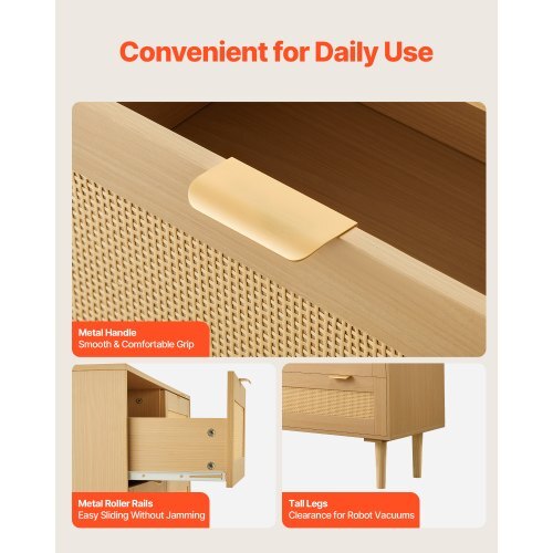 Modern rattan dresser with 3 drawers, metal handles, wooden legs, ideal for bedroom, living room, or hallway storage.