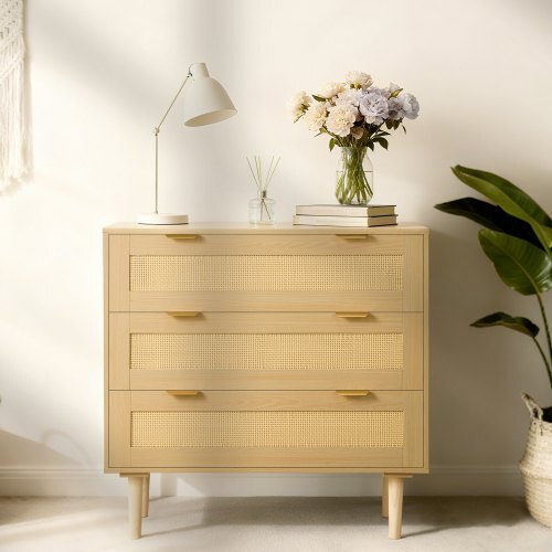 Modern rattan chest of drawers with three drawers, metal handles, wooden legs, ideal for bedroom, living room, or hallway storage.