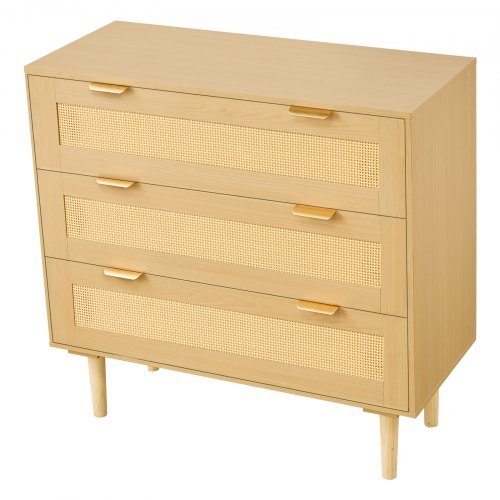 Modern 3-drawer rattan dresser with metal handles and wooden legs, perfect for bedroom or living room storage.