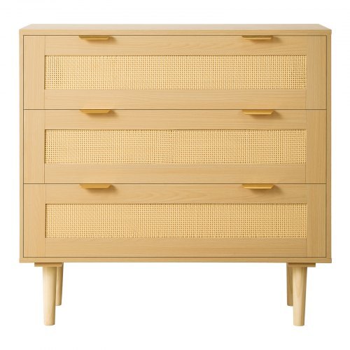 Modern American Smart rattan dresser with 3 drawers, metal handles, wooden legs, perfect for bedroom, living room, or hallway storage.