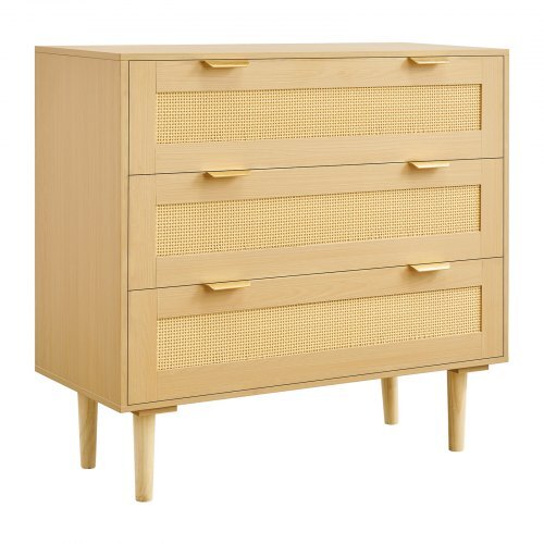 Modern American Smart 3 drawer rattan dresser with metal handles and wooden legs, ideal for bedroom or living room storage.