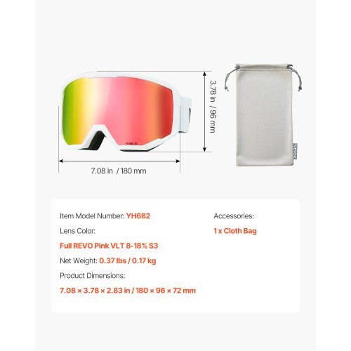 Ski Goggles, Cylindrical Lens with Pink Revo Coating, OTG Anti fog Snow Goggles for Men Women Youth, TPU Frame & Ventilation Structure, Suitable for Skiing, Skating, Snowboarding, Cycling