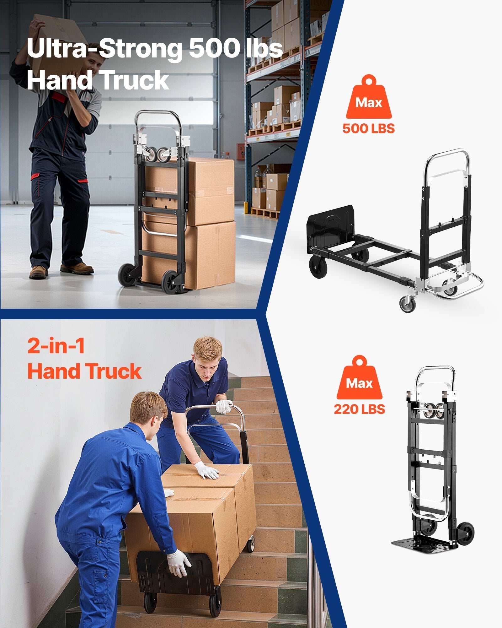American Smart 2-in-1 folding hand truck with wheels, adjustable handle, and 500 lbs capacity for moving home, office, or warehouse.