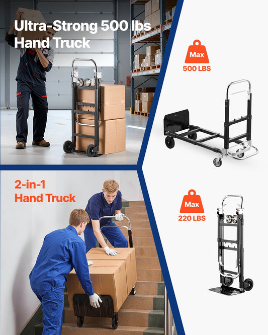 2 in 1 Folding Hand Truck, 500 lbs Load Capacity for 4-Wheel Mode, Convertible Hand Truck Dolly with Wheels & Adjustable Handle, Portable Trolley Dolly for Moving Home, Office, Warehouse