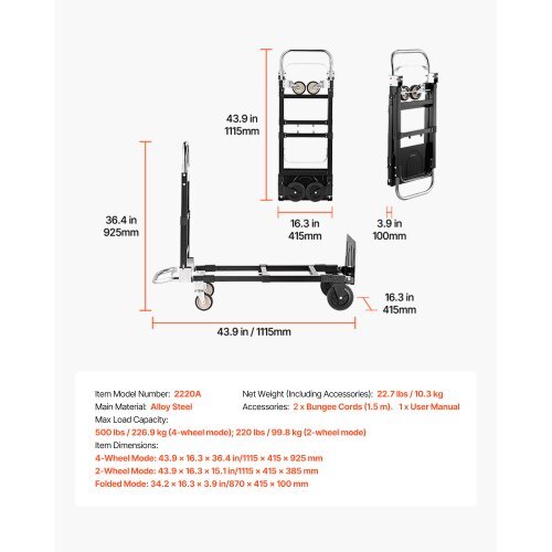 American Smart 2-in-1 folding hand truck with 500 lbs capacity, adjustable handle, wheels, and convertible design for versatile moving.