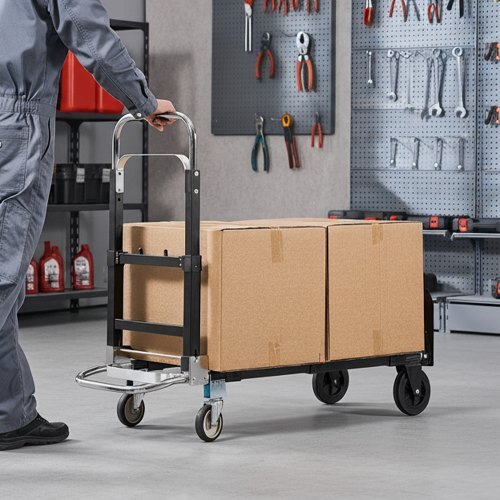 American Smart 2-in-1 folding hand truck with wheels and adjustable handle, supports 500 lbs for moving home, office, or warehouse.