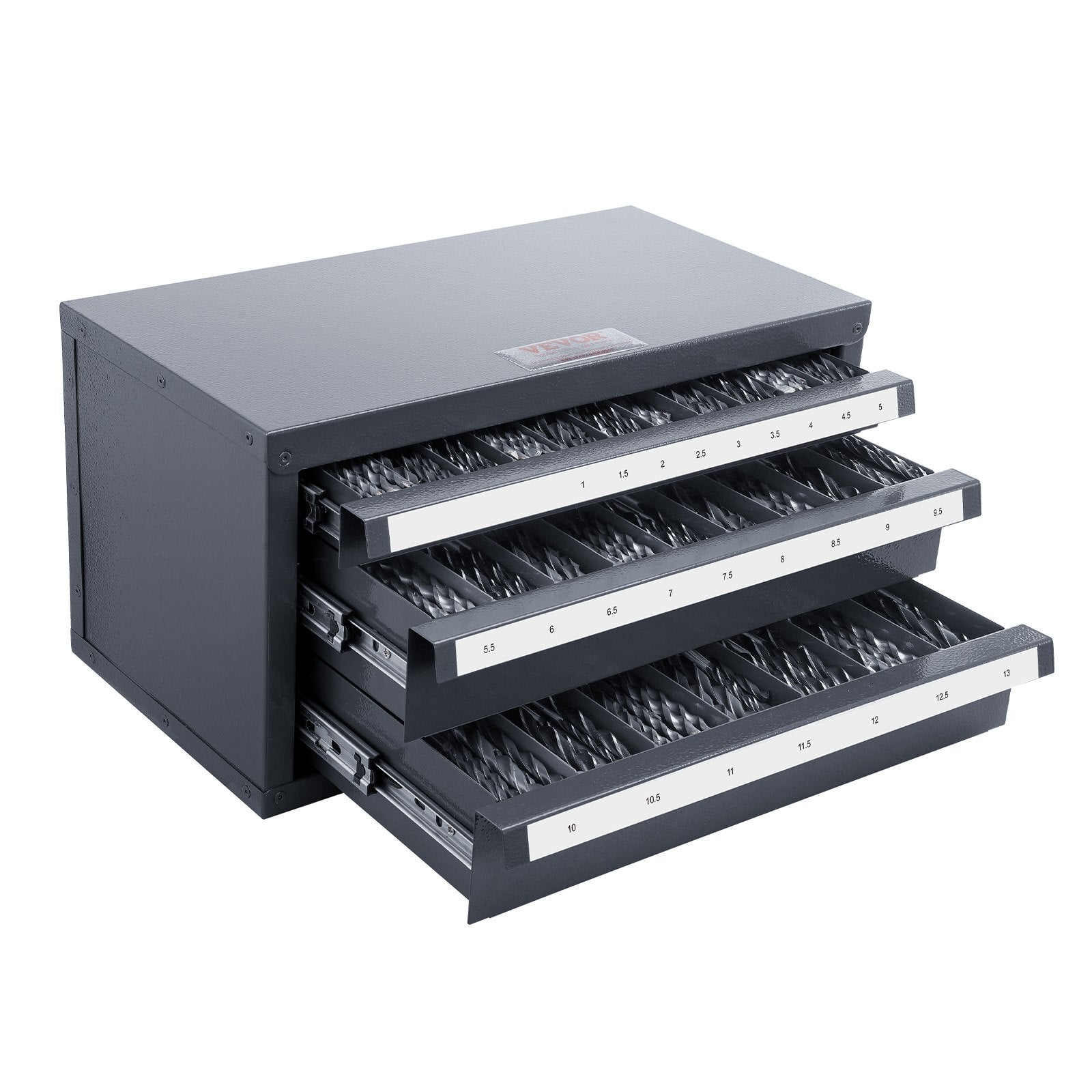 American Smart steel drill bit dispenser cabinet with three drawers, labeled storage for 1mm to 13mm drill bits, stackable organizer.