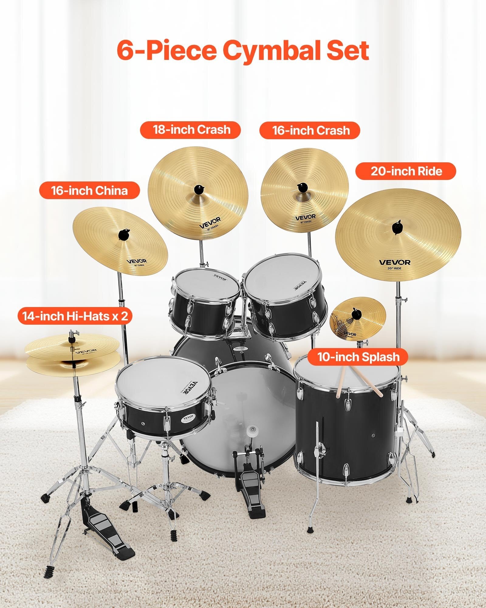 American Smart 6-piece cymbal pack with 14-inch hi-hats, crash, ride, splash, china cymbals, drumsticks, and cymbal bag.