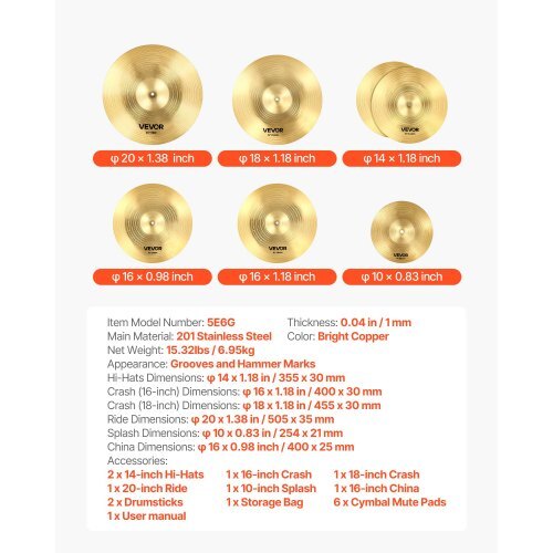 American Smart 6-piece cymbal pack including 14-inch hi-hats, crash, ride, splash, china cymbals, drumsticks, and cymbal bag for drum set