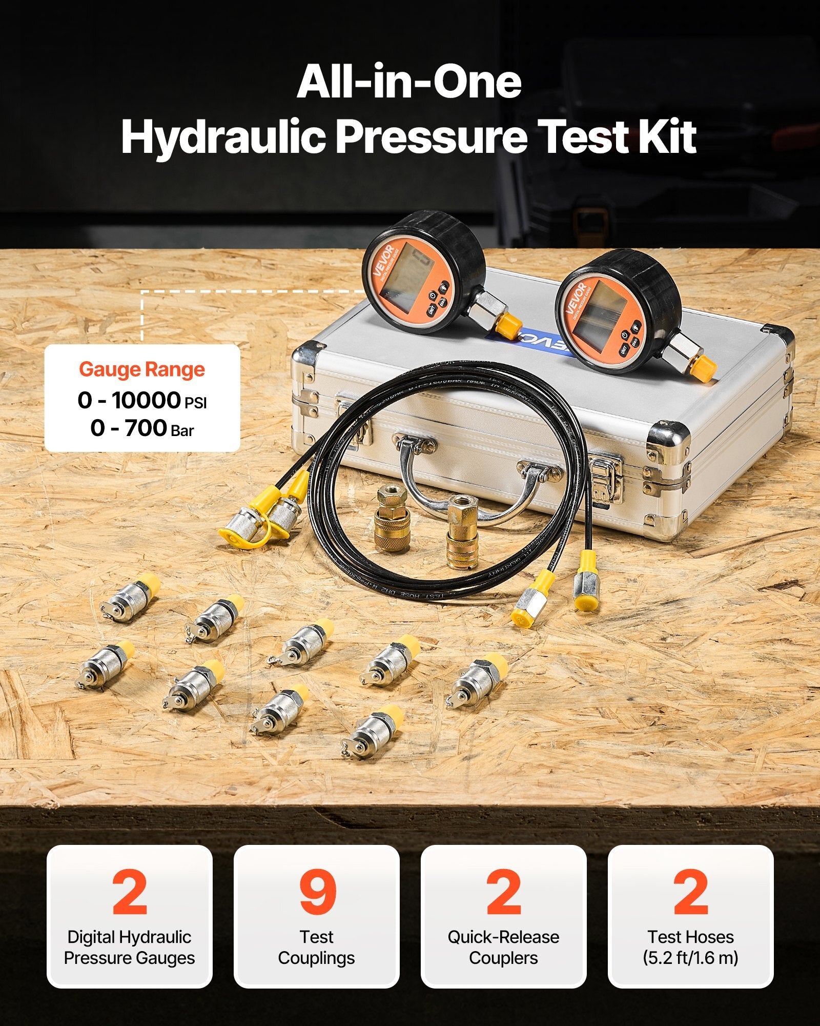 Digital hydraulic pressure test coupling kit with gauges, hoses, and quick-release couplers for excavator and construction machinery inspection.