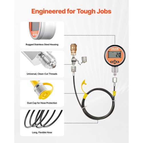 Digital hydraulic pressure test coupling kit with gauges, test couplings, quick-release couplers, and hoses for excavator maintenance.