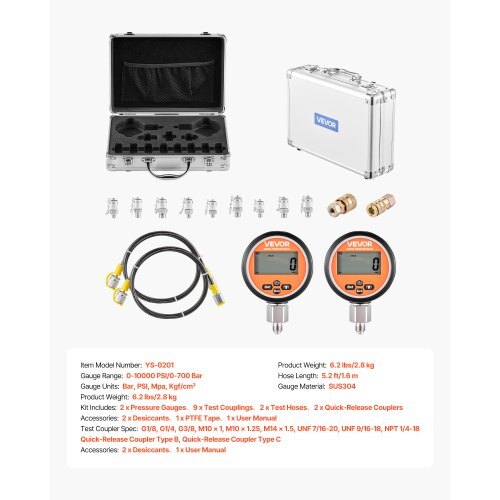 Digital Hydraulic Pressure Test Coupling Kit with gauges, hoses, and couplings for excavator and construction machinery inspection tools.