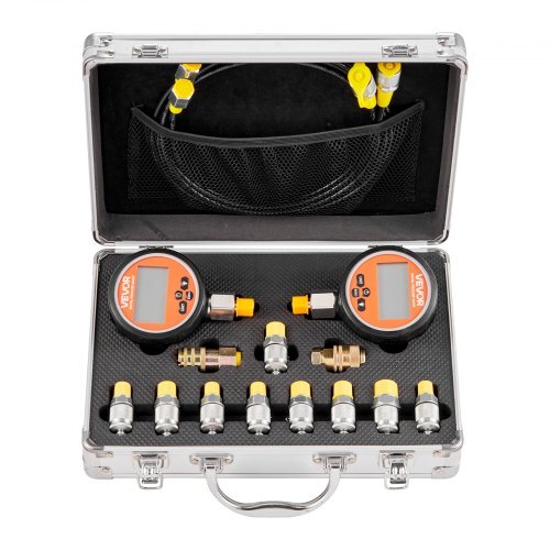 Digital hydraulic pressure test coupling kit with gauges, hoses, and quick-release couplers for excavator construction machinery inspection.