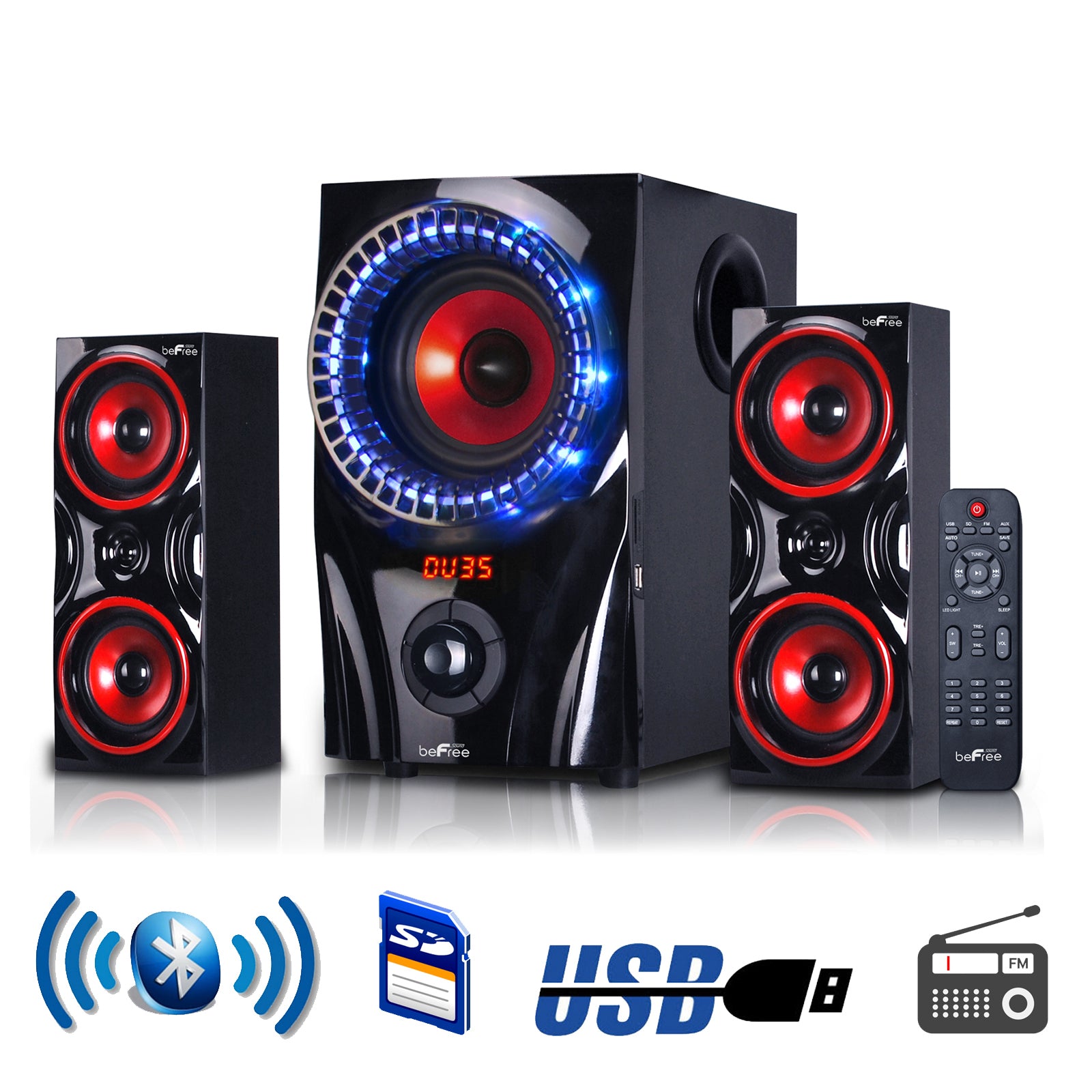 Red beFree Sound 2.1 channel Bluetooth surround sound speaker system by American Smart WB, showing speakers and control panel.