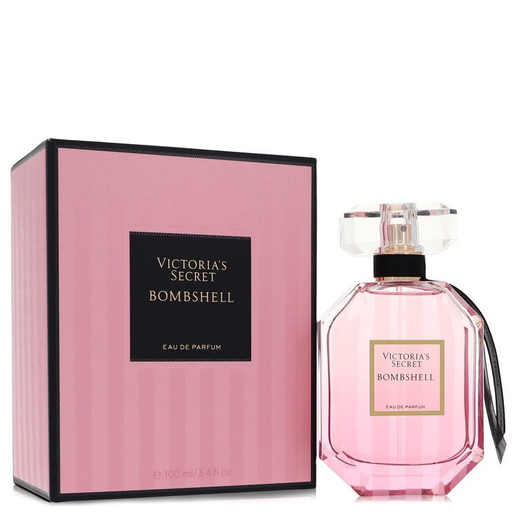 Victoria's Secret Bombshell Eau De Parfum spray for women, 3.4 oz bottle, with elegant floral and fruity fragrance imagery
