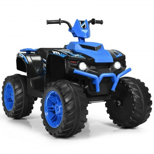 Navy 12V kids ride-on ATV toy with LED lights, treaded tires, and American Smart branding, designed for outdoor play.