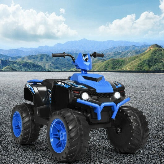 Navy 12V kids ride-on ATV by American Smart WB with LED lights, treaded tires, and durable plastic construction.