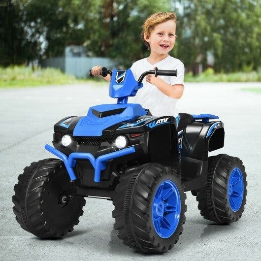 Navy 12V kids ride-on ATV toy with LED lights, treaded tires, and American Smart branding, designed for outdoor play.