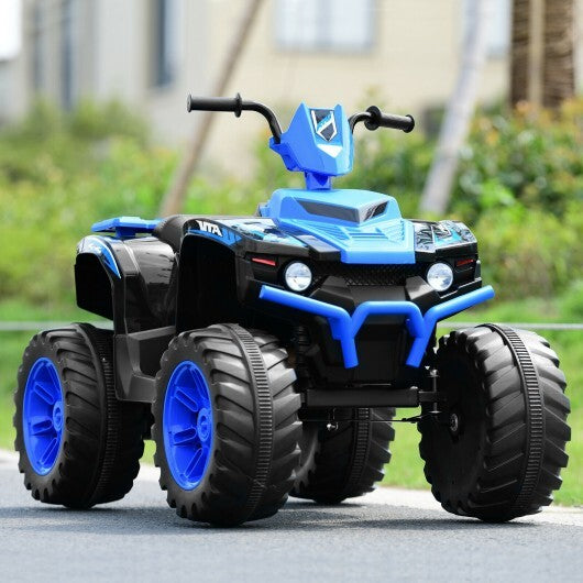 Navy 12V Kids Ride on ATV by American Smart with LED lights and treaded tires, perfect for outdoor play and adventure.