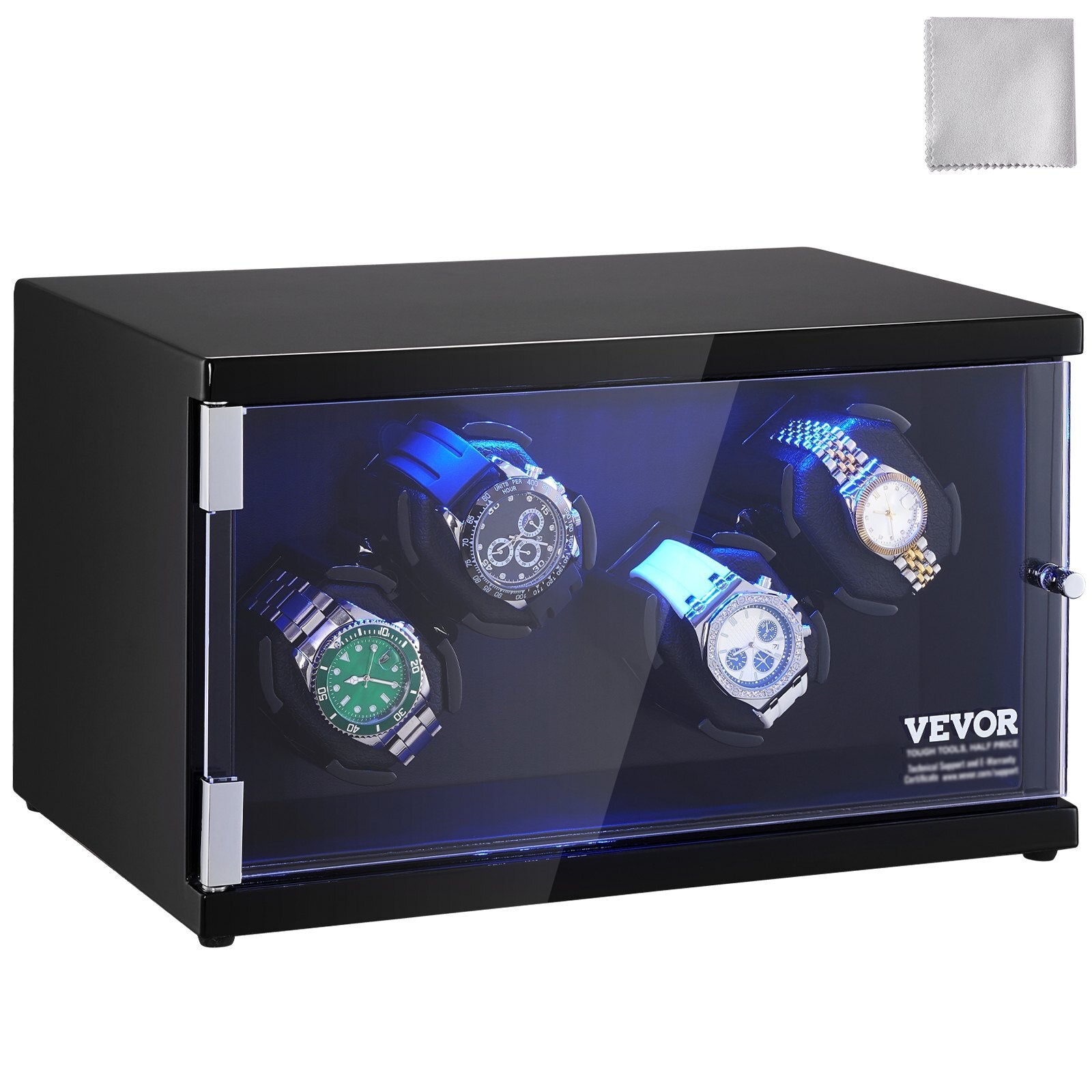 American Smart watch winder for 4 automatic watches, with blue LED light, quiet Japanese motors, black PU shell, and adapter.