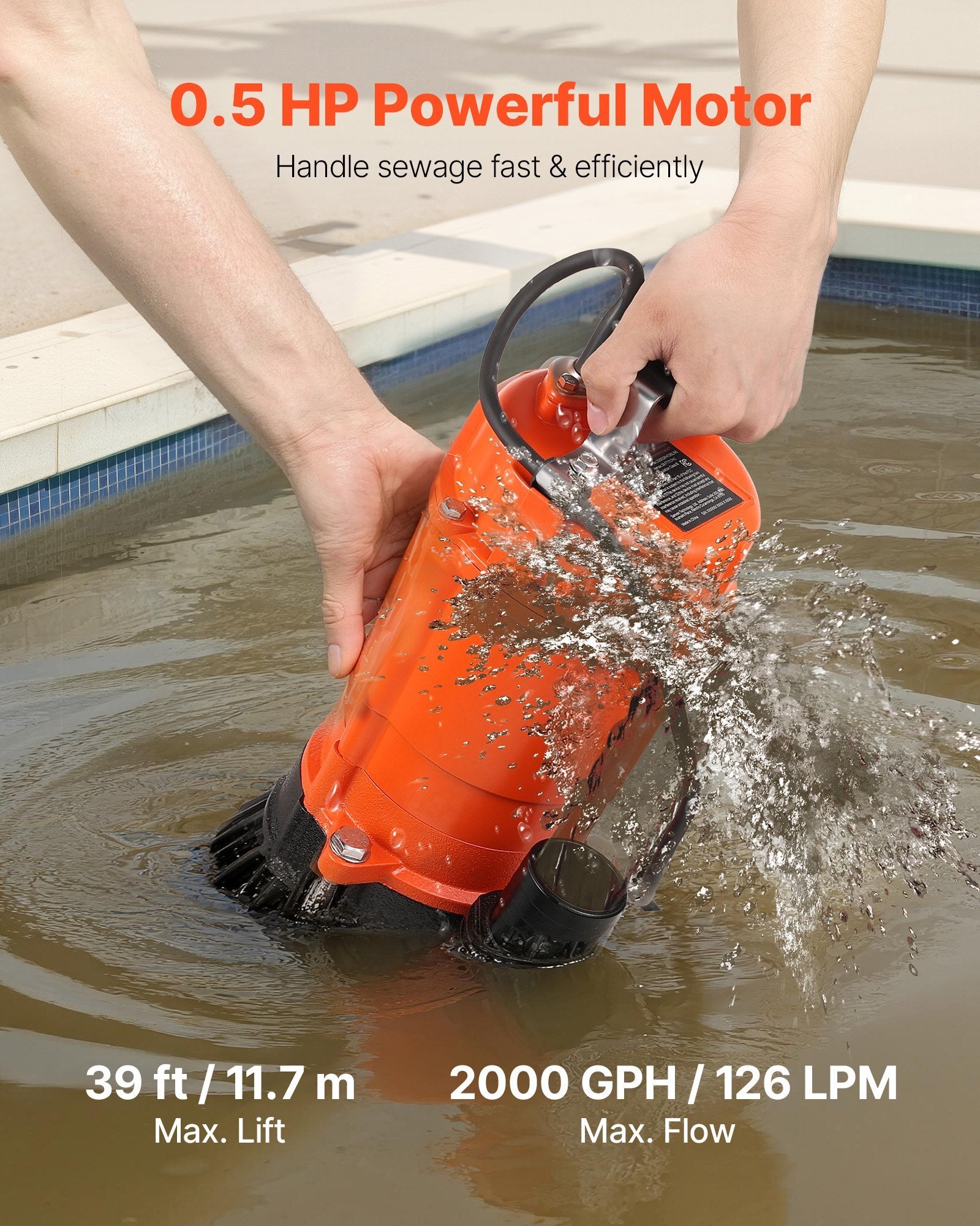 American Smart 1/2 HP submersible trash pump with 2-inch discharge, cast iron body, drains dirty water from pools, basements, ponds