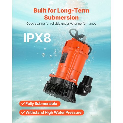 American Smart 1/2 HP submersible trash pump with cast iron body, 2000 GPH, 2-inch discharge for draining water from pools, basements, or ponds.