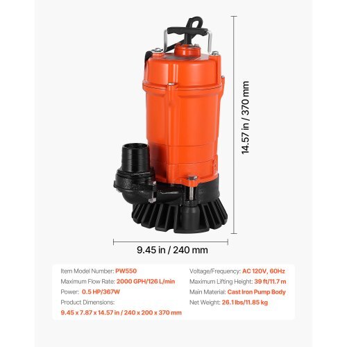 American Smart 1/2 HP submersible trash pump with 2-inch discharge, cast iron body, 2000 GPH, suitable for draining water and sludge.