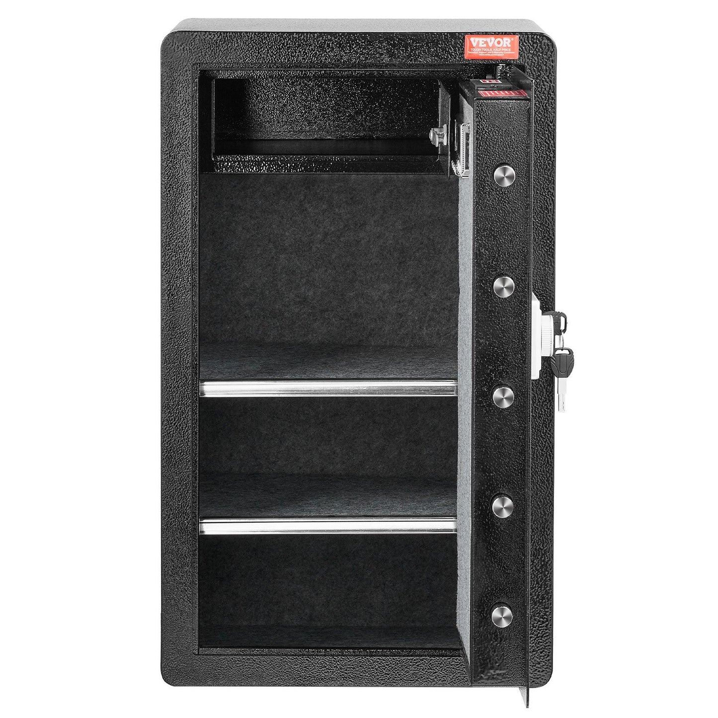 American Smart WB black safe box with key lock, LED light, fireproof bag, shelves, and cabinet for valuables and documents.