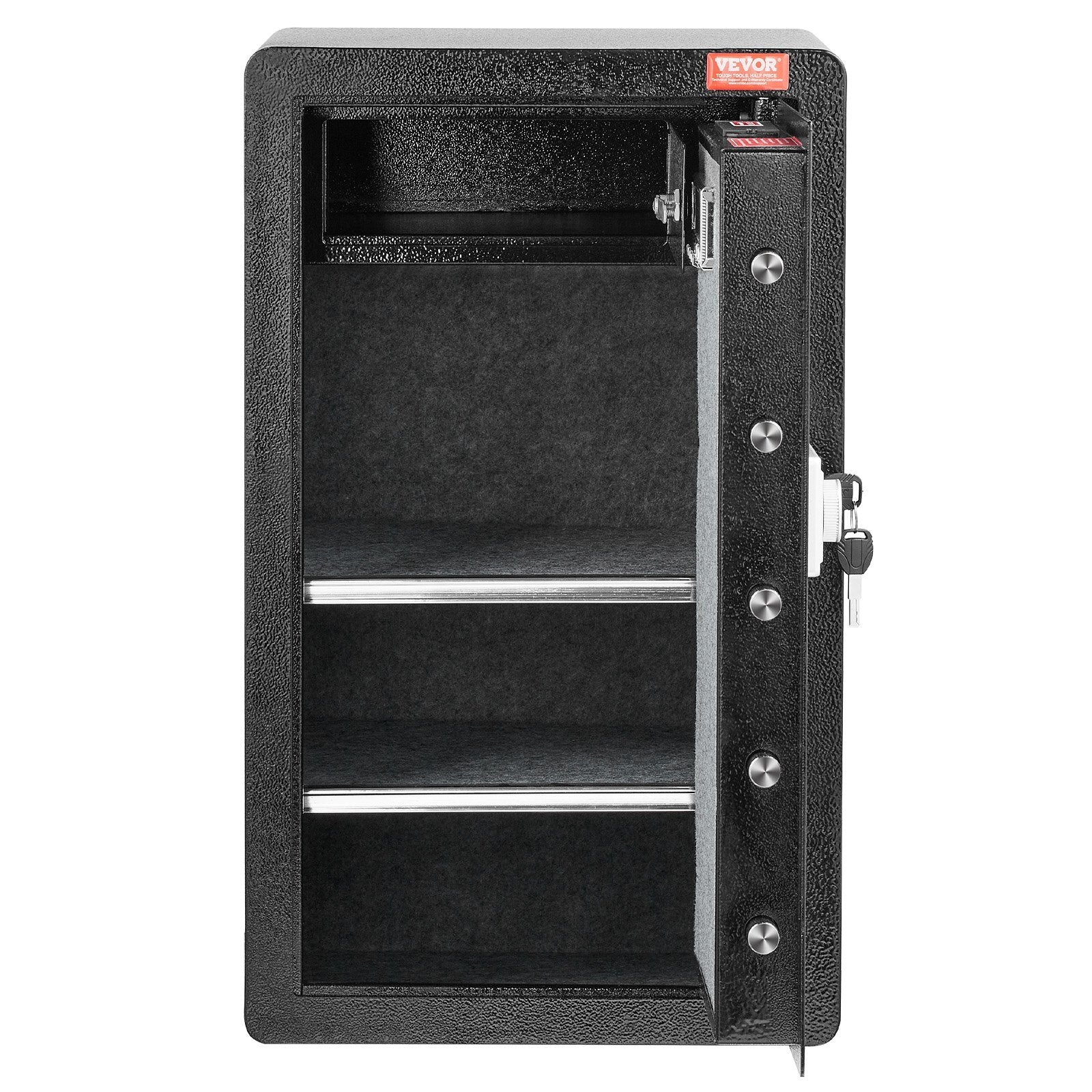 American Smart WB black safe box with key lock, LED light, fireproof bag, shelves, and cabinet for valuables and documents.