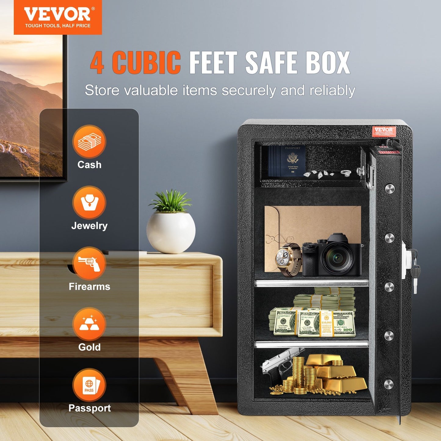 American Smart black safe box with key lock, LED light, 2 shelves, cabinet, fireproof bag, and key rack for valuables and documents