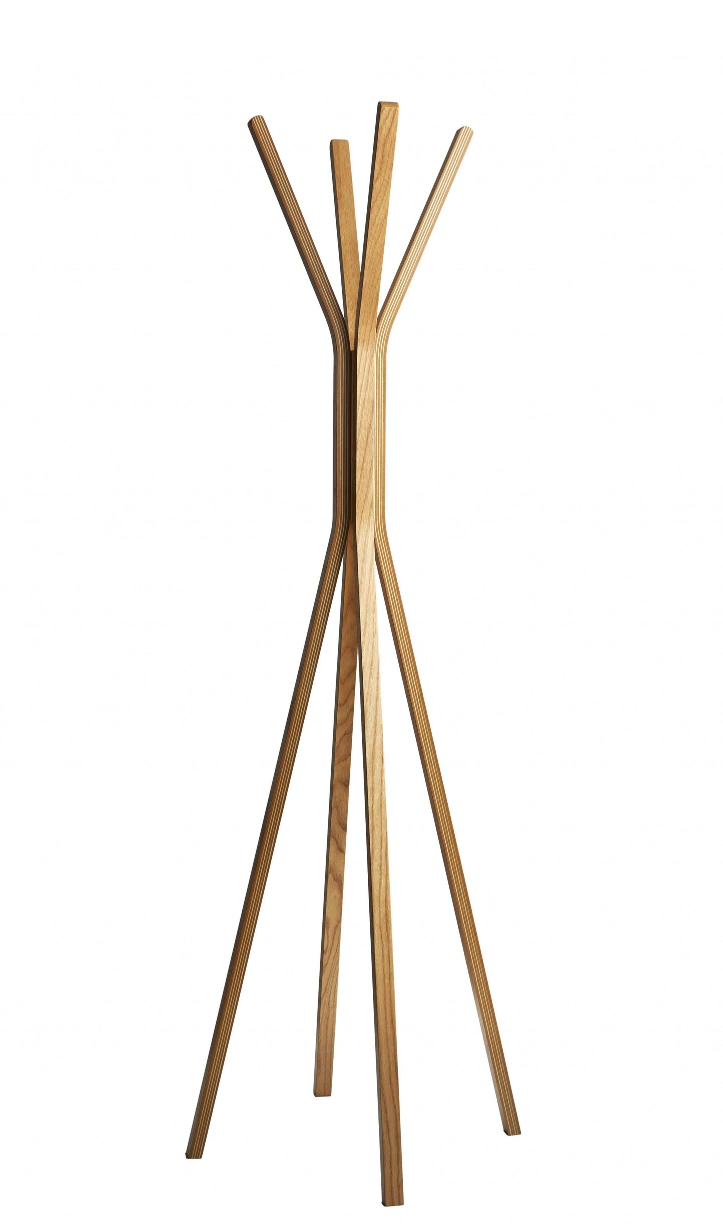 American Smart 68-inch natural modern wood coat rack with coat hangers for organizing jackets and accessories.