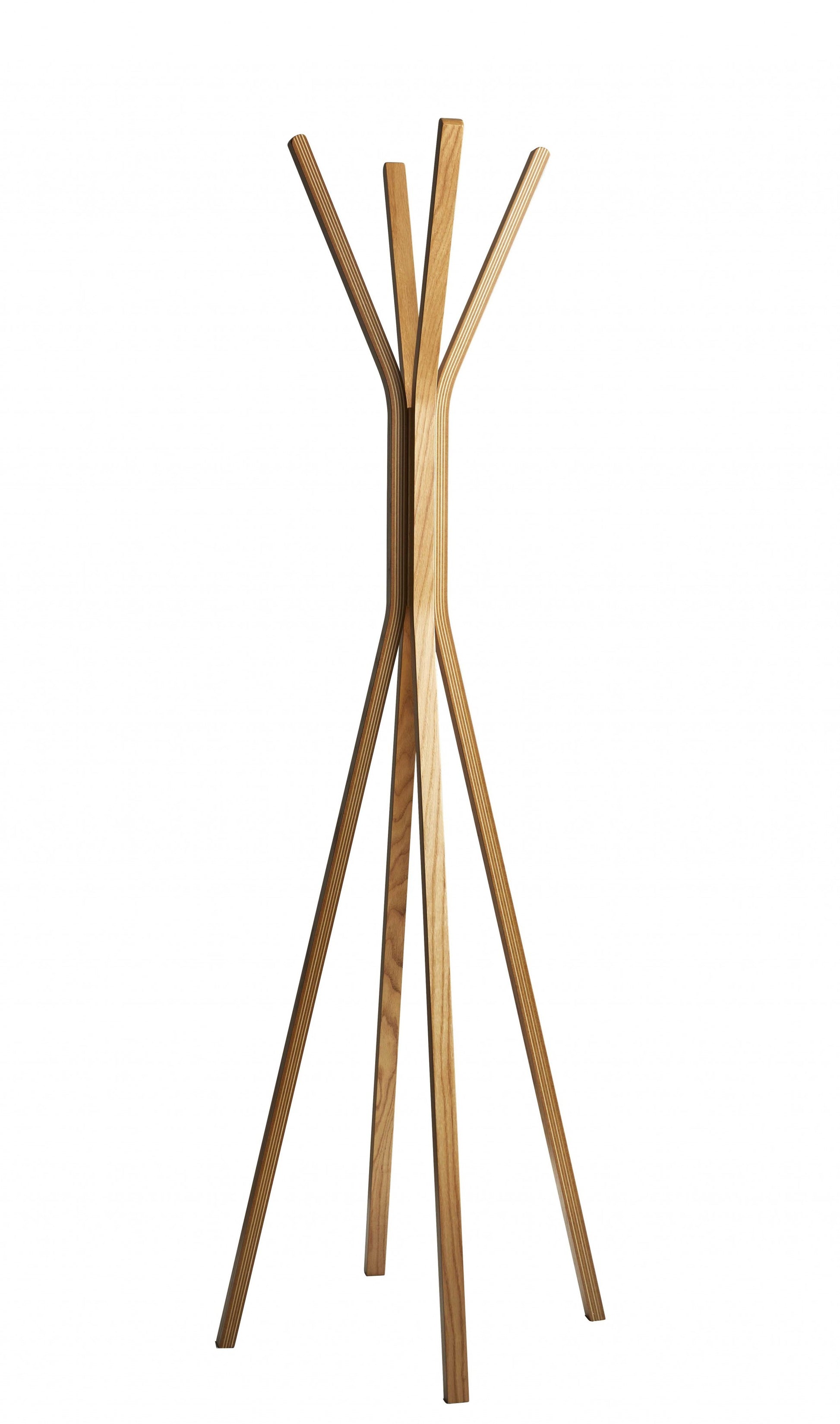 Natural wood coat tree rack with multiple hooks, 68 inches tall, modern design by American Smart for hanging coats and accessories.