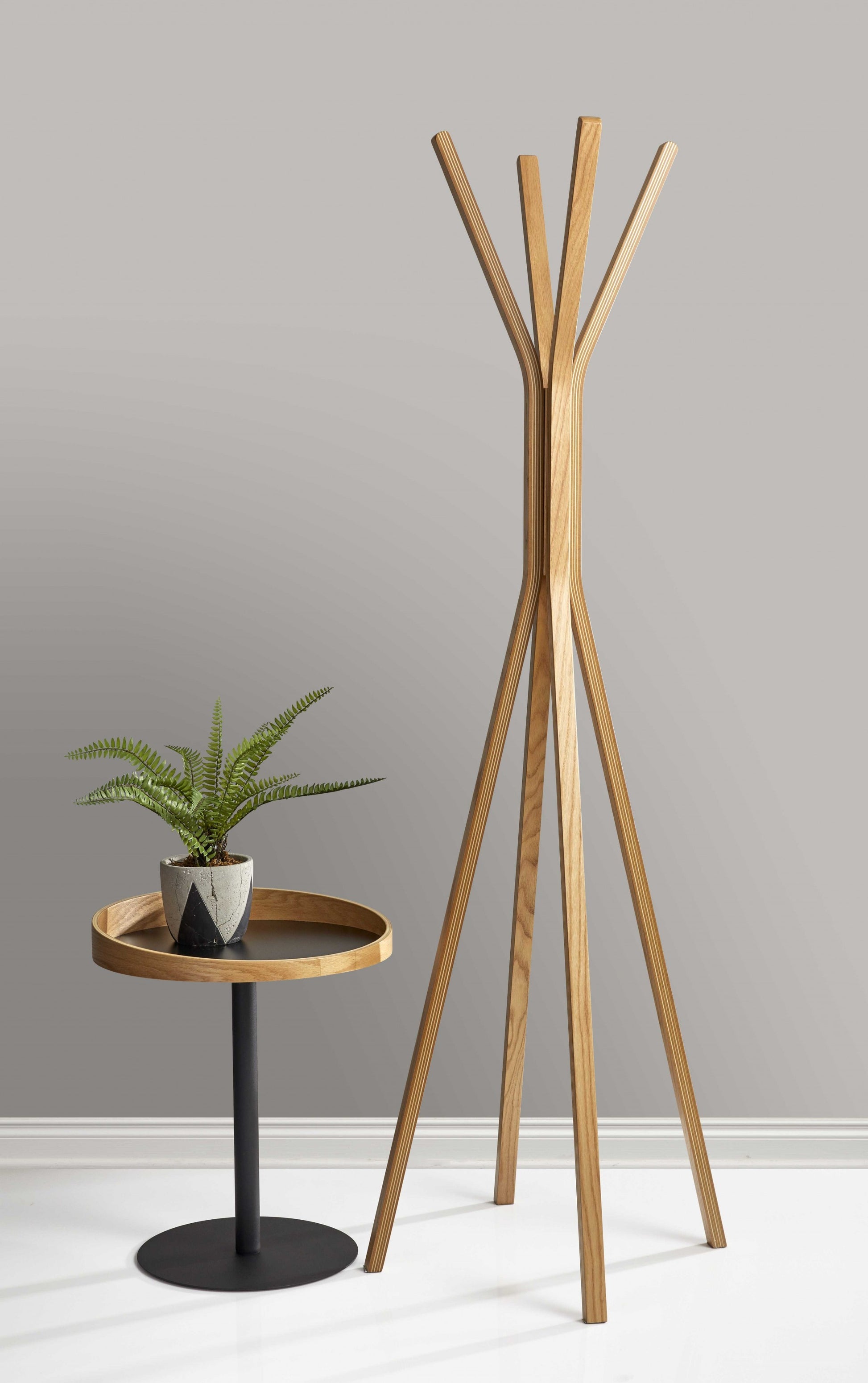American Smart 68-inch natural wood coat tree rack with multiple coat hangers and modern design for organized outdoor entryways.