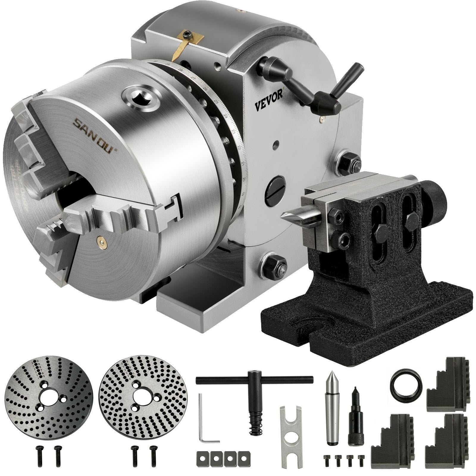 American Smart BS-1 dividing head set with 6-inch chuck, tailstock, and dividing plates for milling and grinding applications.