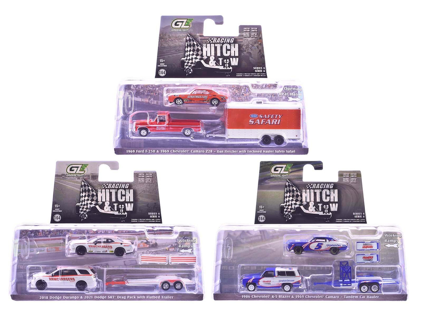 Set of three 1/64 scale diecast model cars from the Racing Hitch & Tow Series by Greenlight, in American Smart - WB branding.
