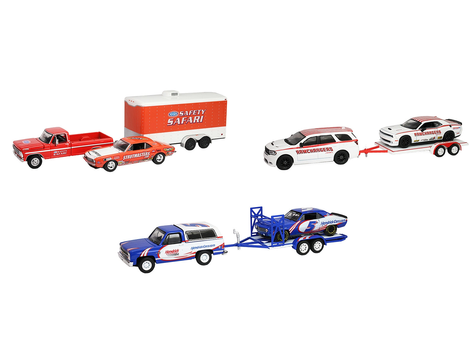 Set of three 1/64 scale diecast race cars from the Greenlight Racing Hitch & Tow Series by American Smart WB.