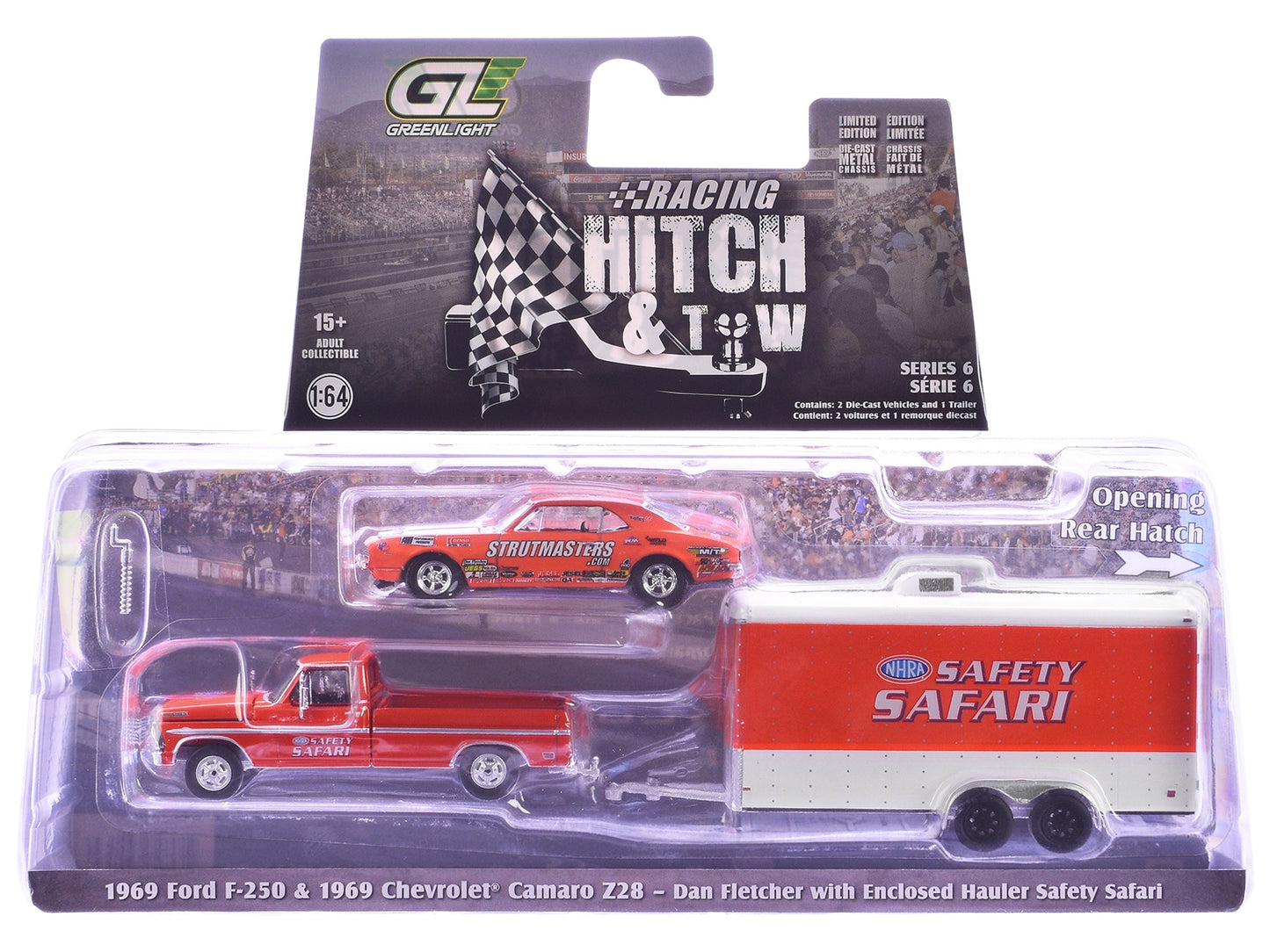 Set of three 1/64 scale diecast model cars from Greenlight's Racing Hitch & Tow Series #6, by American Smart - WB.