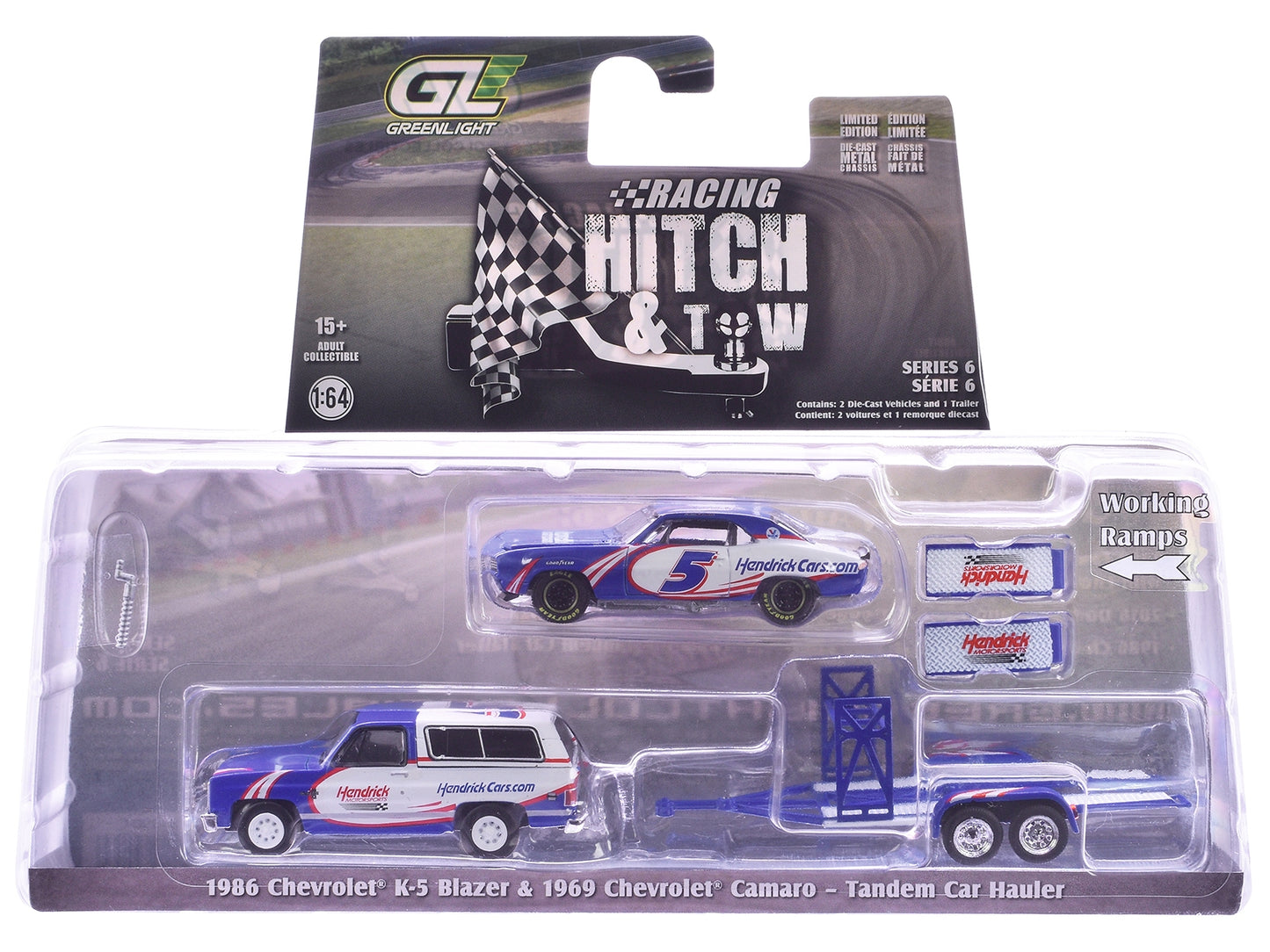 Set of three 1/64 scale diecast model cars from the Racing Hitch & Tow Series by Greenlight, featuring detailed American Smart WB designs.