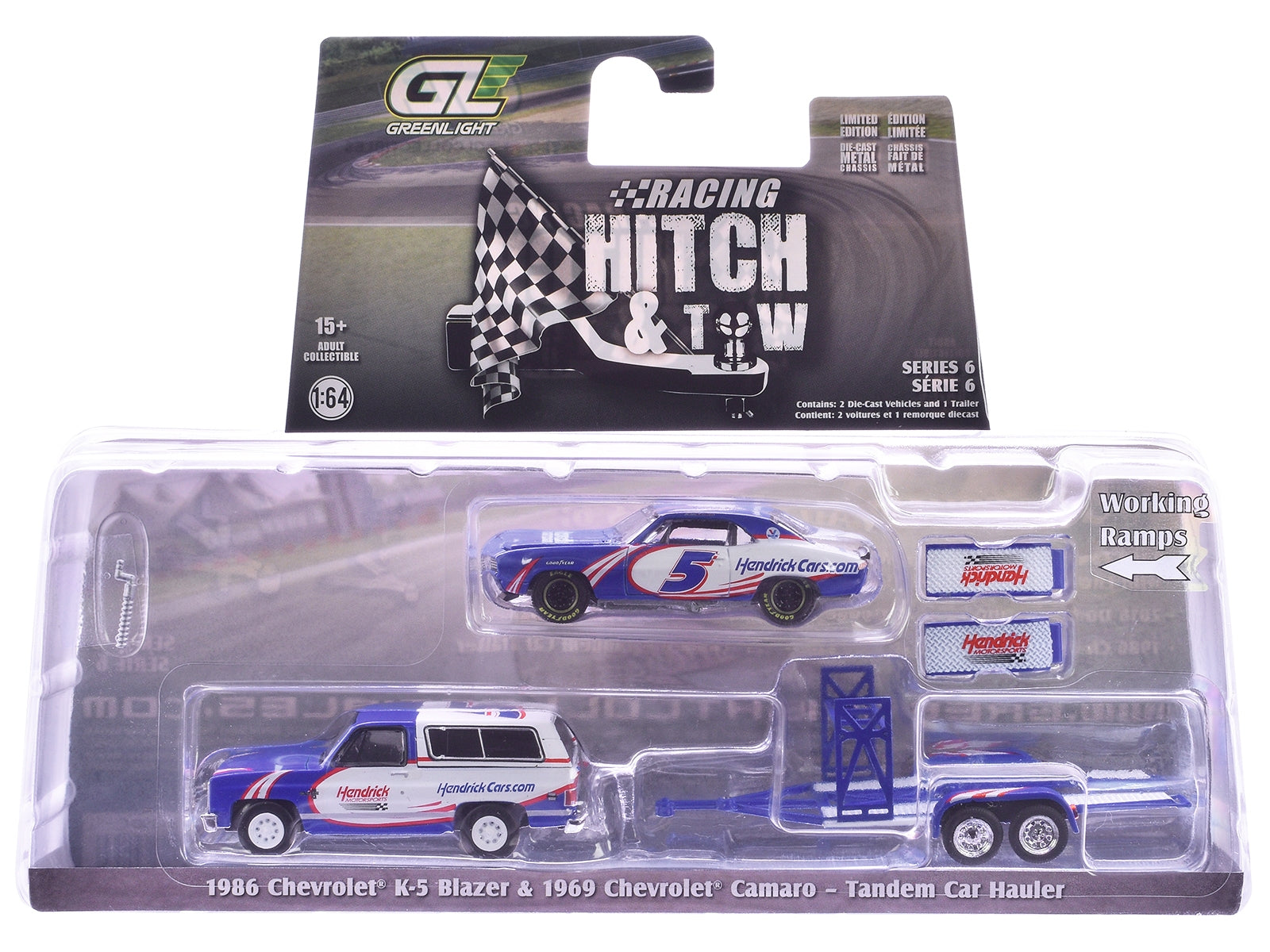 Set of three 1/64 scale diecast model cars from the Racing Hitch & Tow Series by Greenlight, featuring detailed American Smart WB designs.