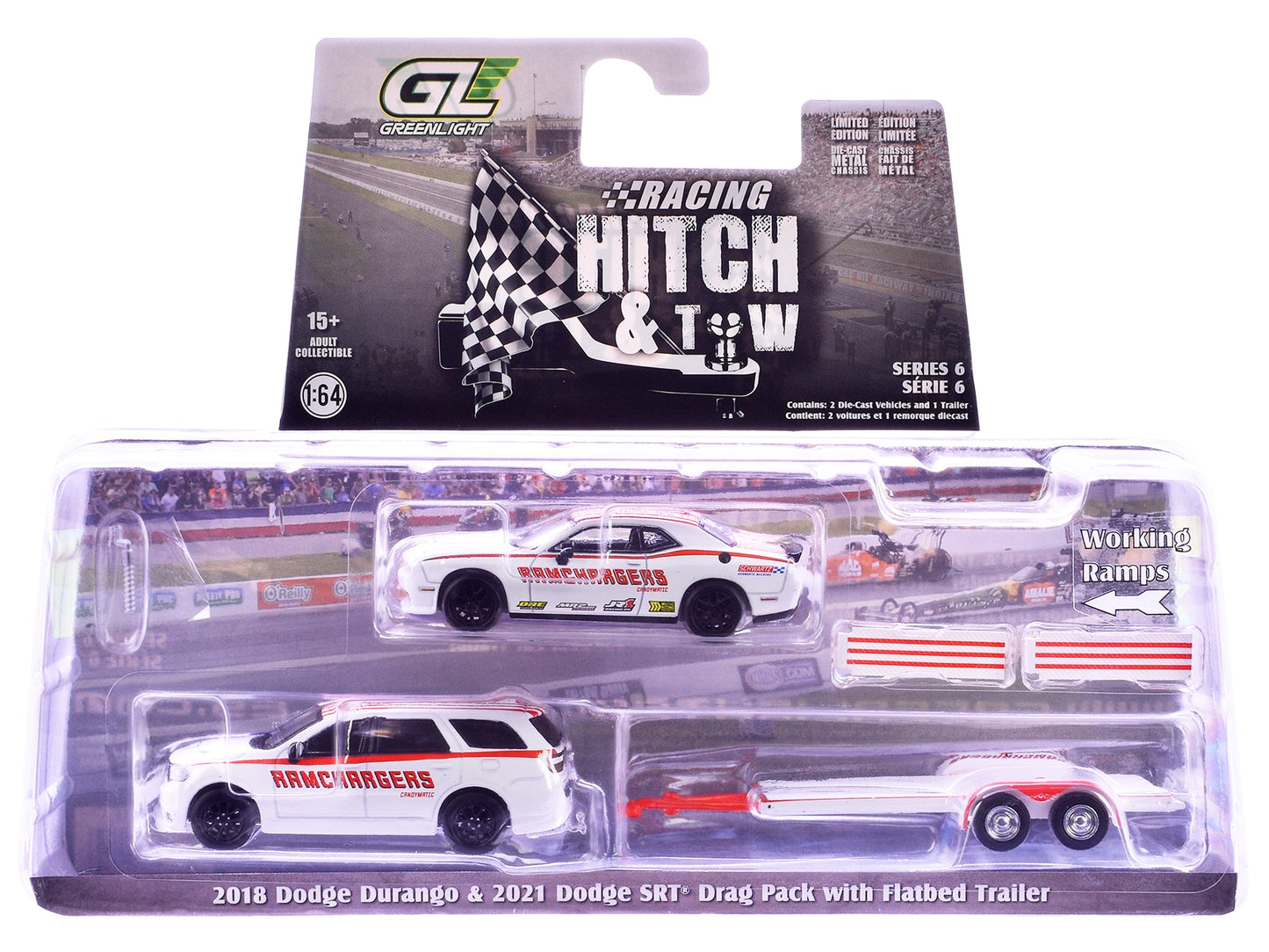 Set of three 1/64 scale diecast model cars from the Racing Hitch & Tow Series by Greenlight, American Smart - WB.
