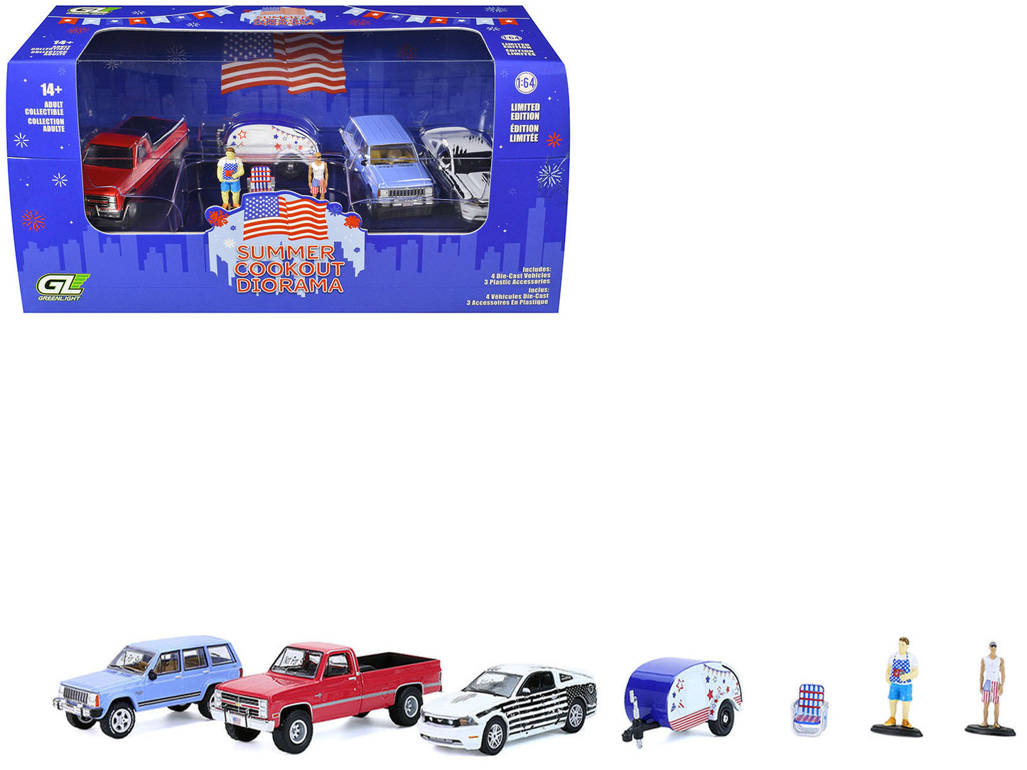 Set of 7 miniature 1/64 scale diecast model cars from the Summer Cookout Diorama by Greenlight, American Smart - WB.