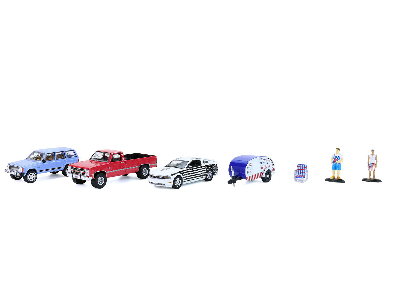 Set of seven 1/64 scale diecast model cars from the Summer Cookout Diorama by Greenlight, American Smart WB collection.