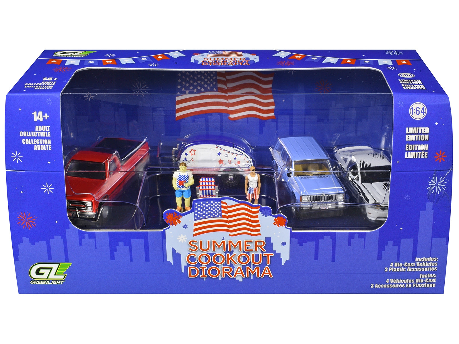 Set of 7 miniature 1/64 scale diecast model cars for summer cookout scene by Greenlight, American Smart WB.