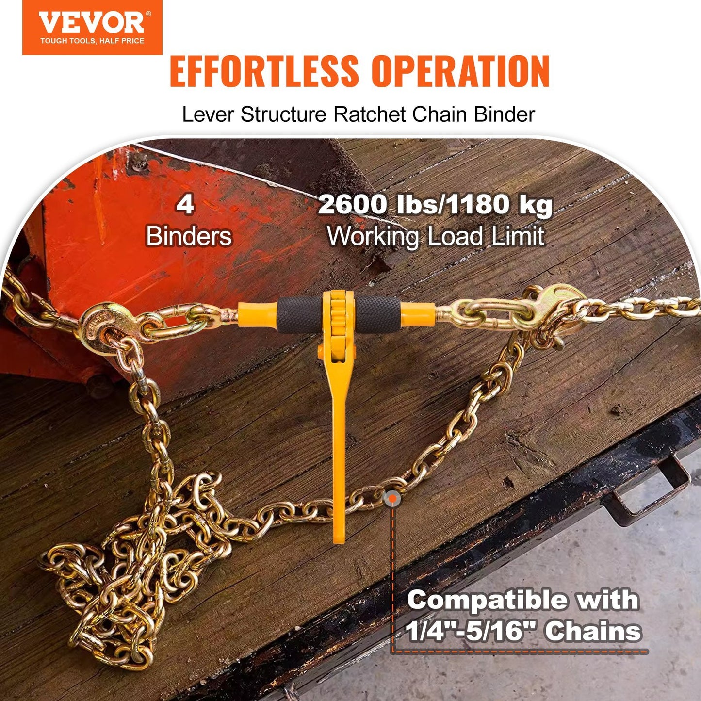 Ratchet Chain Binders, 1/4"-5/16", 2600 lbs Safe Working Load, 4 Pack Load Binder with 2 Grab Hooks, Tie Downs for Transport Chain, Heavy Duty Tow Chain Ratchet Binders for Flatbed Truck Trailer
