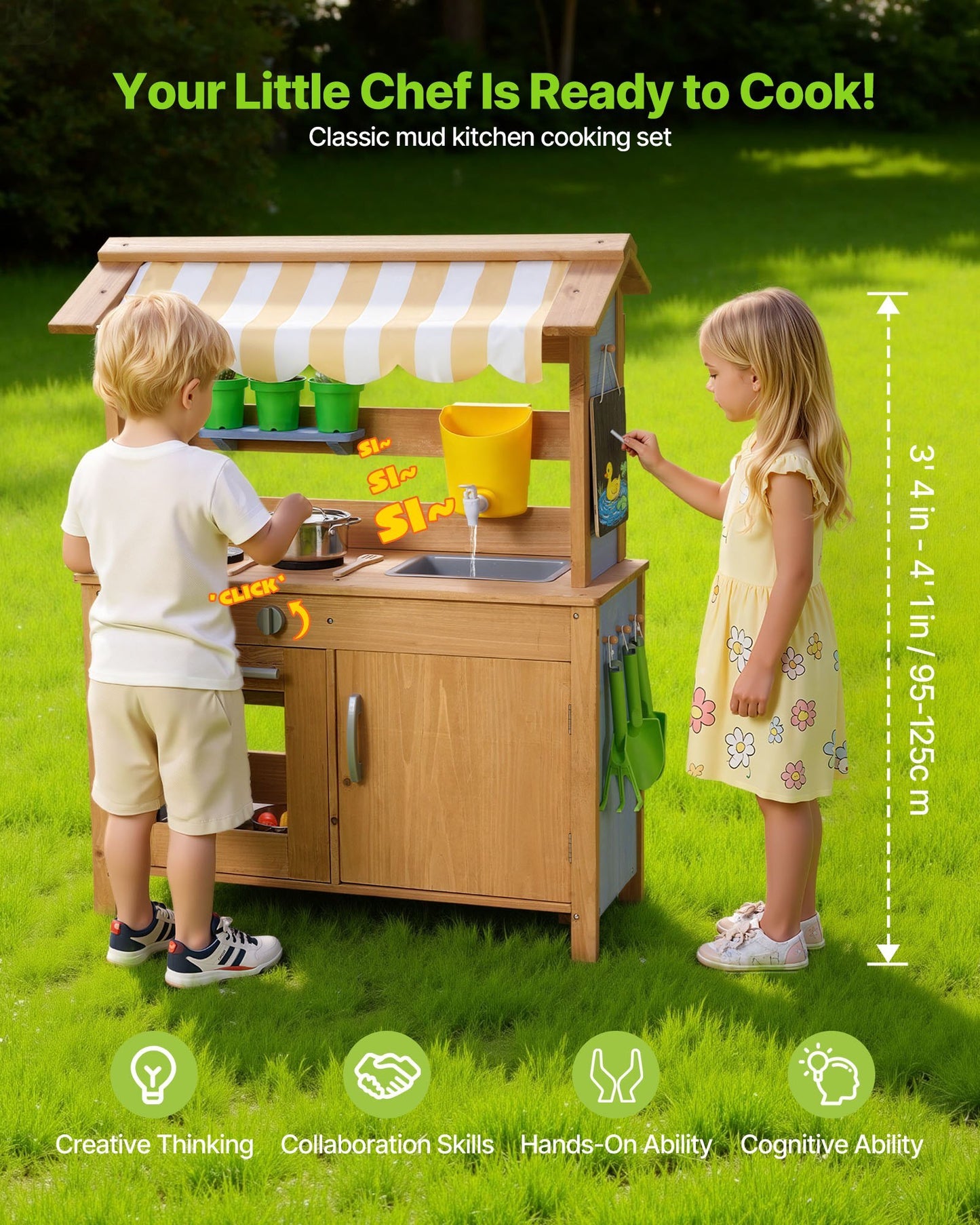 Mud Kitchen, Outdoor Mud Kitchen for Kids, Wood Outdoor Play Kitchens with Spoons, Sink, Tank, Sunshade Canopy, Shovels, Cookware Pots and Accessories, Wooden Play Kitchens for Home, Lawn