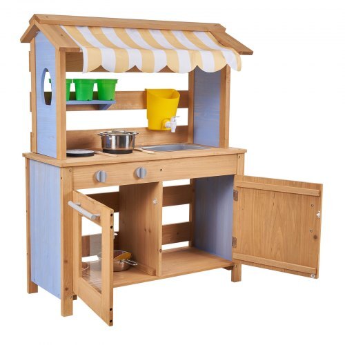 Mud Kitchen, Outdoor Mud Kitchen for Kids, Wood Outdoor Play Kitchens with Spoons, Sink, Tank, Sunshade Canopy, Shovels, Cookware Pots and Accessories, Wooden Play Kitchens for Home, Lawn