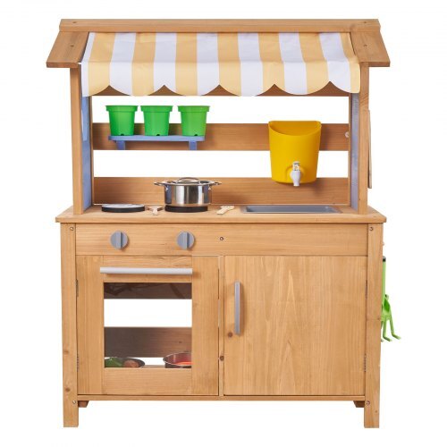 Mud Kitchen, Outdoor Mud Kitchen for Kids, Wood Outdoor Play Kitchens with Spoons, Sink, Tank, Sunshade Canopy, Shovels, Cookware Pots and Accessories, Wooden Play Kitchens for Home, Lawn