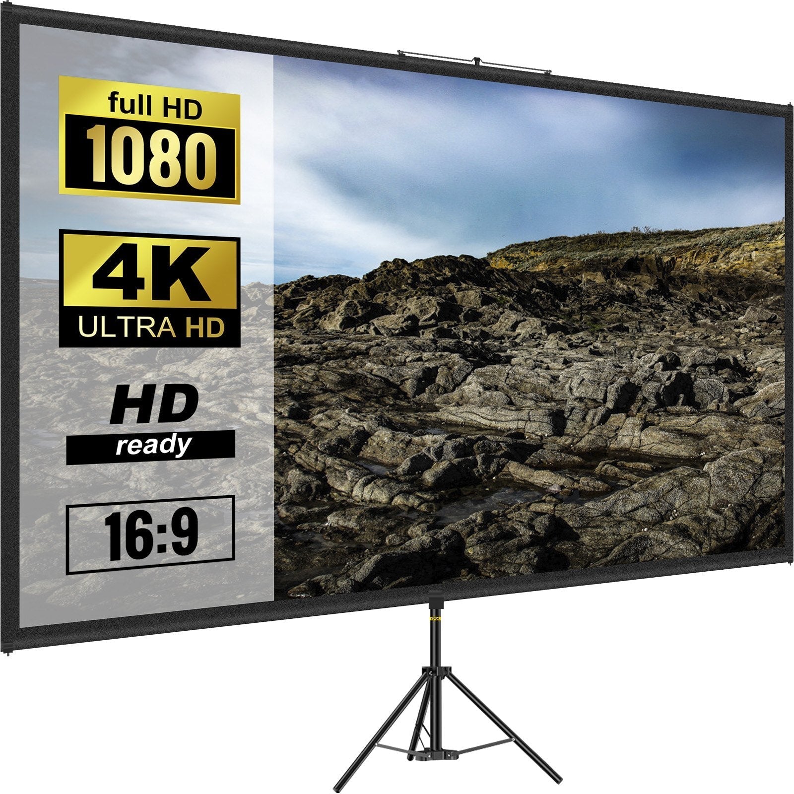 American Smart 70-inch tripod projector screen with stand, adjustable height, wrinkle-free surface for indoor and outdoor home theater use.