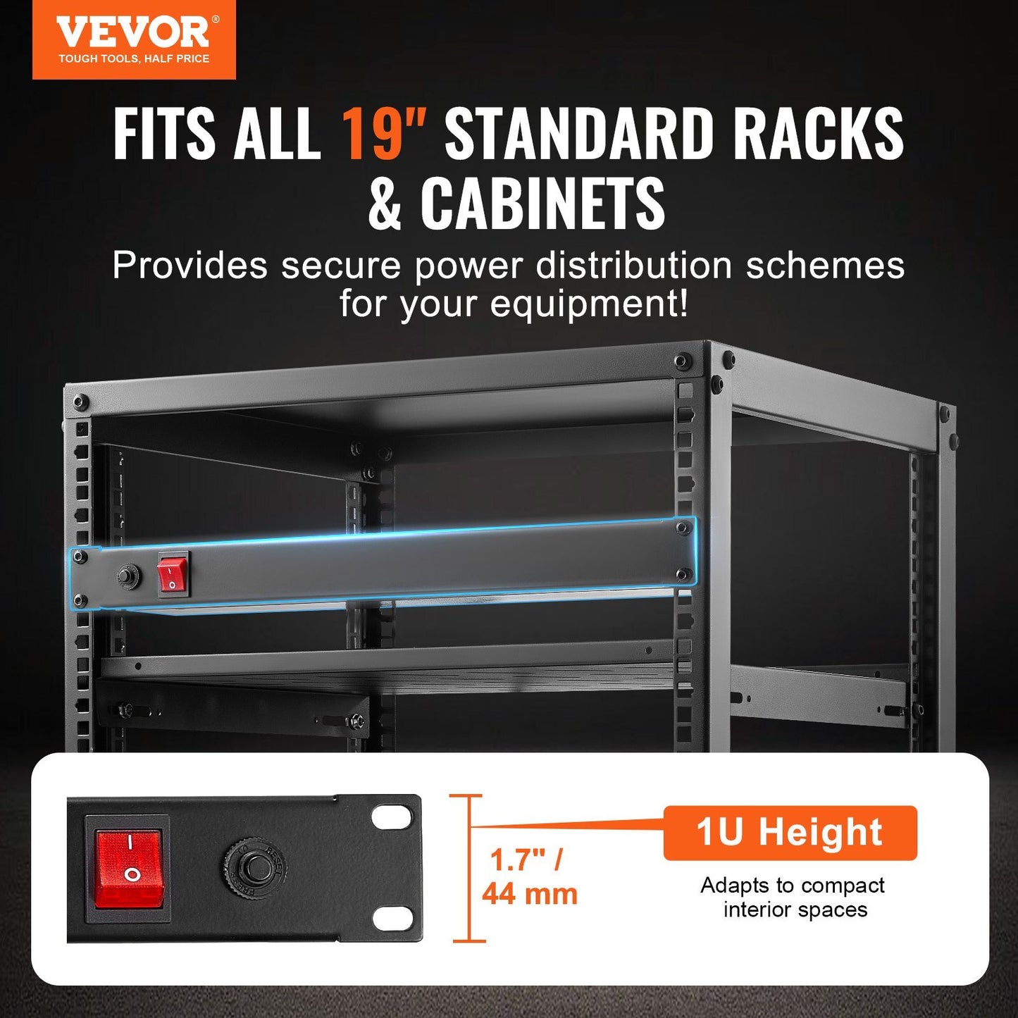 1U PDU, 8 Outlets, Rack Mount Power Strip Fits Standard 19" Server Racks, with Integrated Switch Surge Protection & Overload Protection, 110-125V/15A, Ideal for Home and Office